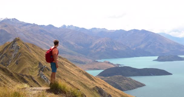 ニュージーランドの山の湖の眺めを見る旅行ハイカー — ストック動画