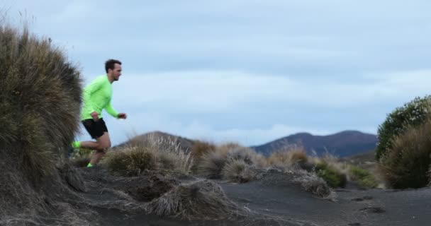 Бегущий по горной природе бегун наслаждается тренировочным пробегом — стоковое видео