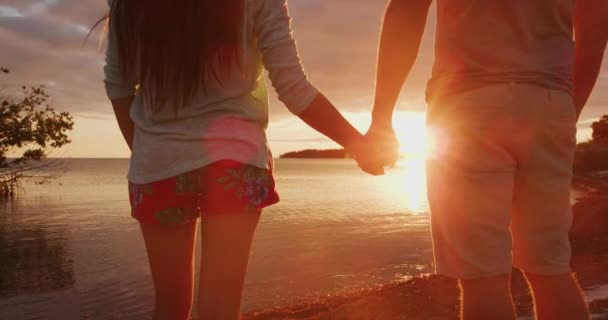 Ζευγάρι κρατώντας το χέρι στο ρομαντικό ηλιοβασίλεμα διακοπές ταξίδι στην παραλία — Αρχείο Βίντεο