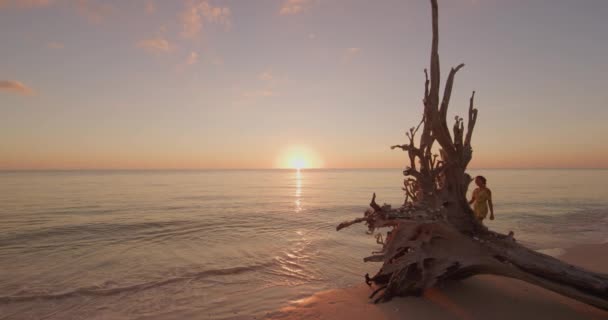 Romantyczna para spacerująca po plaży trzymająca się za ręce o zachodzie słońca — Wideo stockowe