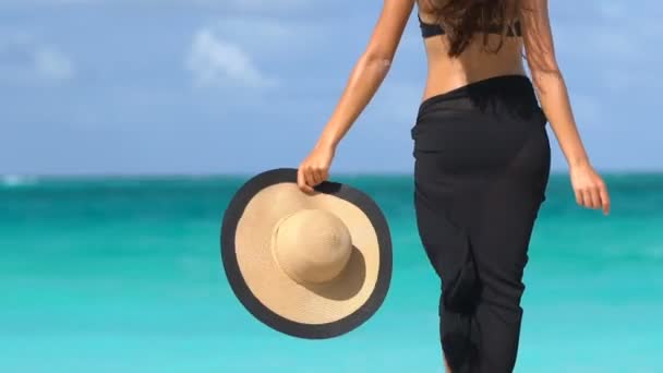 Elegante mujer de playa en bikini negro de pie junto al mar - Vacaciones de verano — Vídeo de stock