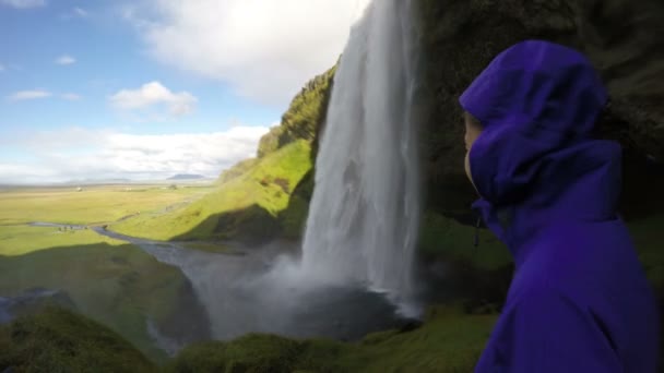 Turysta cieszący się spektakularnym wodospadem Islandia — Wideo stockowe