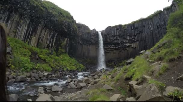 Fröhliche Frau genießt am Svartifoss Wasserfall - Mädchen turnen im Sommer — Stockvideo