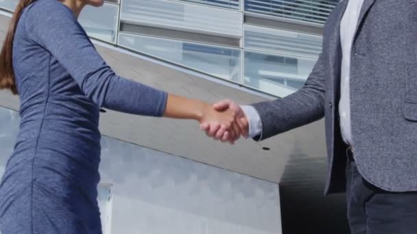 Üzleti kézfogás - üzletemberek találkoznak kézfogás, férfi és nő — Stock videók