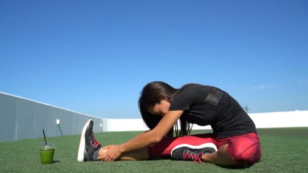 Fitness mulher alongamento perna exercitando uma perna alongamentos toe-touch — Vídeo de Stock