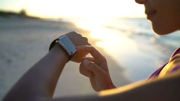 Smartwatch On Woman On Beach - Smart Watch Wearable Technology — Stock Video