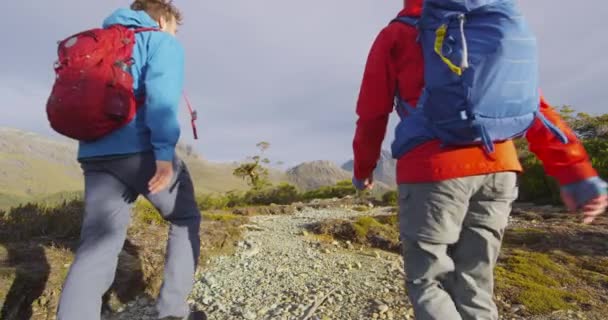 Pareja de senderismo caminando en la pista Routeburn en el Parque Nacional Fiordland Nueva Zelanda — Vídeo de stock
