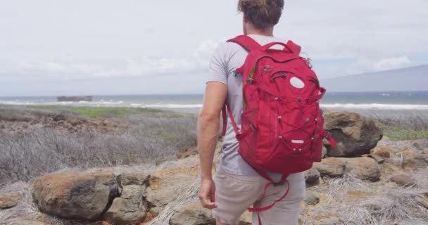 Escursionismo coppia indossare zaini mentre a piedi su rocce a naufragio spiaggia — Video Stock