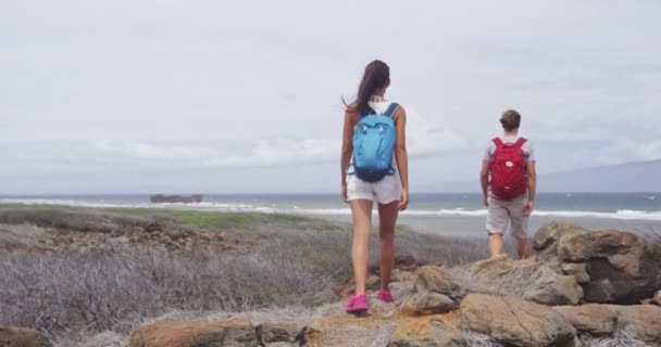 Caminhadas casal vestindo mochilas enquanto caminhava na praia do naufrágio — Vídeo de Stock