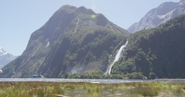 Passeio de barco de cruzeiro na Nova Zelândia Milford Sound por cachoeira em Fiordland — Vídeo de Stock