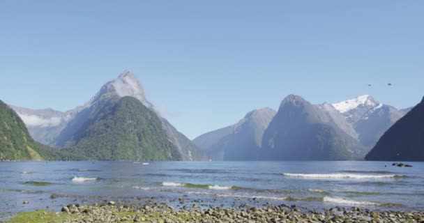 Nový Zéland turistická destinace Milford Sound and Mitre Peak v Fiordlandu — Stock video