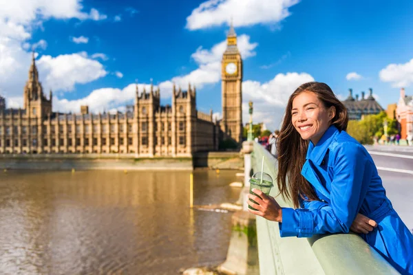 ロンドンビッグベン観光女性は緑のデトックススムージーを飲んでいます。ロンドンのビッグベンの背景を持つウェストミンスター橋の健康的なビジネス女性ヨーロッパの目的地,イギリス,イギリス — ストック写真