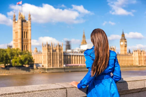 Londra Westminster Europa città viaggiare donna turistica urbana guardando il parlamento e il fiume Tamigi, famosa attrazione turistica punto di riferimento. Stagione autunnale persone stile di vita — Foto Stock