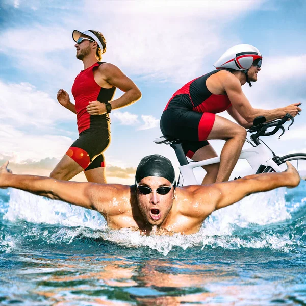 Triathlon vélo de natation courir triathlète homme entraînement pour fer concept de course. Trois images composites de course d'athlète de remise en forme, le vélo, et la natation dans l'océan. Cycliste professionnel, coureur, nageur — Photo