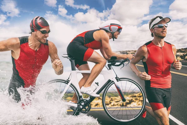 Triatlón natación carrera bicicleta triatleta hombre entrenamiento para Ironman concepto de carrera. Tres imágenes compuestas por atletas de fitness corriendo, en bicicleta y nadando en el océano. Ciclista profesional, corredor, nadador —  Fotos de Stock