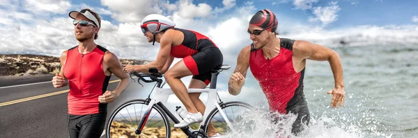 Triathlon natação bicicleta corrida triatleta homem correndo de bicicleta nadando no oceano no panorama bandeira de corrida ironman. Três imagens composto de fitness atleta ciclista profissional, corredor, atletas de natação — Fotografia de Stock