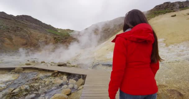 火山の地熱活動で自然の中を歩くアイスランドの観光客 — ストック動画