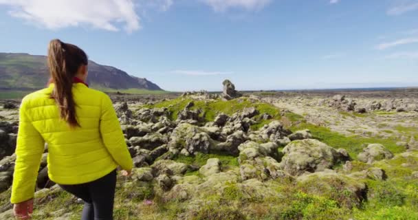 アイスランドの女性旅行者アイスランドの素晴らしい風景の中に自然の中を歩く — ストック動画