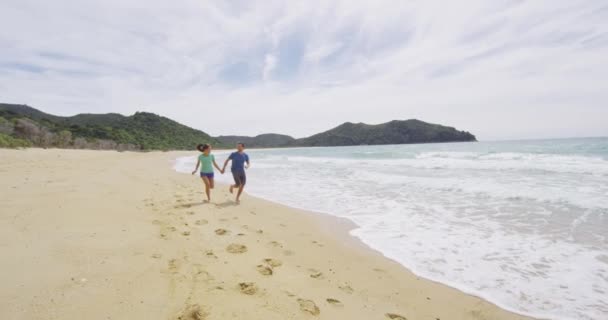 纽西兰的旅行假期有一对夫妇在沙滩上玩得很开心 — 图库视频影像