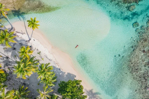 Пляж подорожує у відпустці по безпілотному фото розкішного тропічного раю з елегантною жінкою, що плаває в ідеальній бірюзовій воді в океані коралових рифів на пляжі. Пальми на атолі. — стокове фото