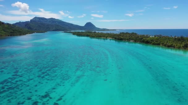 Fransız Polinezya 'sı Tahiti adası Huahine ve Motu mercan resifi lagün manzarası ve Pasifik Okyanusu' nun insansız hava aracı videosu. Tropik tatil cenneti. — Stok video