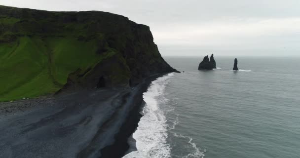 Aerial drone wideo Islandii słynny czarny piasek plaży Reynisfjara z ludźmi — Wideo stockowe