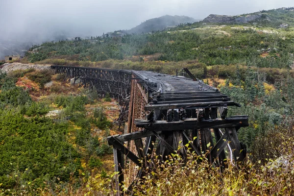 Ponte de aço velha no passo branco e no passeio de trem da rota de Yukon, Skagway, Alaska, EUA. Construído em 1901. Atração turística famosa na excursão da costa do cruzeiro — Fotografia de Stock