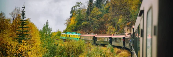 Alaska-Zug White Pass und Yukon-Route-Eisenbahn fahren auf alten Transportschienen in Alaska, USA. Natur Landschaft von Alaska Reise Kreuzfahrt Landausflug Panorama Banner — Stockfoto