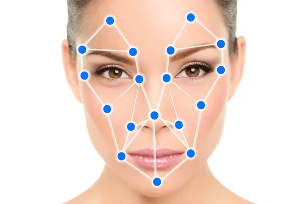 Biometric facial recognition software app technology for face identity verification identification concept. Asian woman portrait wilth blue dots mesh scan illustration graphic design — Stock Fotó