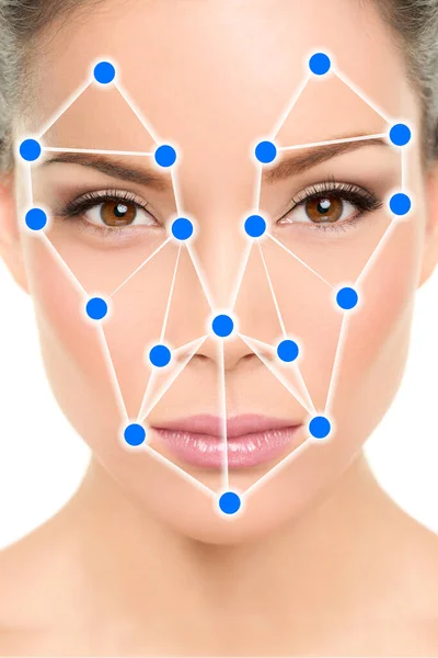 Tecnología de aplicación de software de reconocimiento facial biométrico para el concepto de identificación de verificación de identidad facial. Retrato de mujer asiática con diseño gráfico de ilustración de escaneo — Foto de Stock