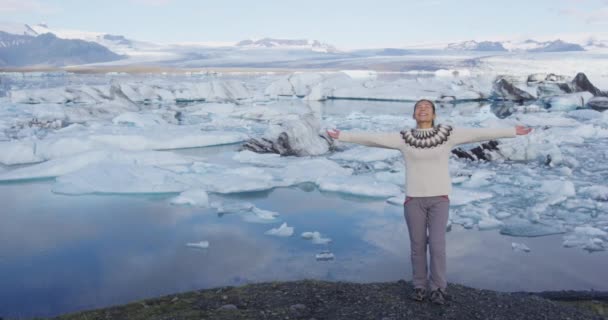 Happiness, serenity and success - outdoors woman in nature with raised arms — Video