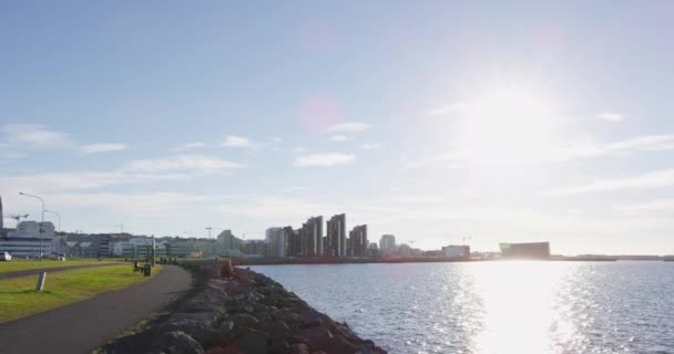 Reykjavik Iceland waterfront harbor promenade on beautiful summer day — Stock video