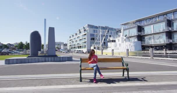 Reykjavik City en Islandia - mujer relajándose en el banco usando el teléfono — Vídeo de stock