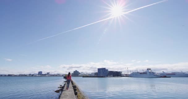 Reykjavik Islândia vista da cidade e navio de cruzeiro em Reykjavik Harbour — Vídeo de Stock