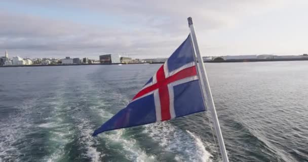 Isländische Flagge auf Island auf einem Boot in Reykjavik bei einer Hafenrundfahrt und Walbeobachtung — Stockvideo