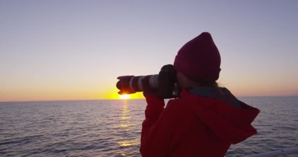 Fotografo turístico da Islândia em cruzeiro pelo porto e observação de baleias em Reykjavik — Vídeo de Stock