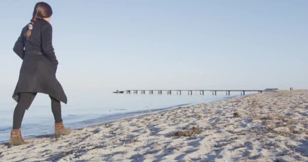 Frau spaziert am Amager Strand in Kopenhagen — Stockvideo