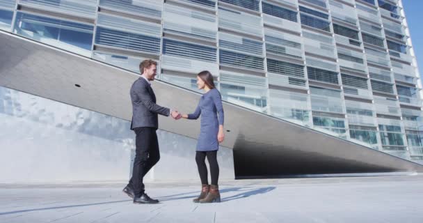 Negocio apretón de manos - gente de negocios reunión estrechando la mano, hombre y mujer — Vídeos de Stock