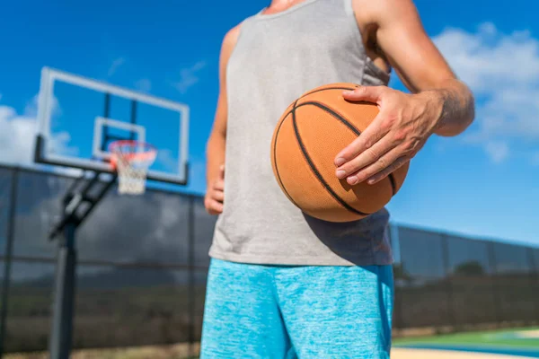 Jugador de baloncesto hombre sosteniendo pelota en la red de cancha —  Fotos de Stock