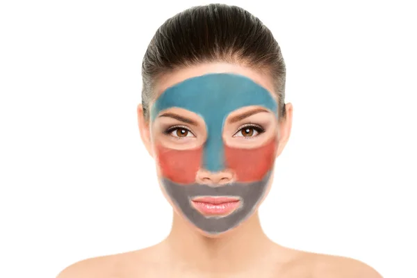 Face mask Asian beauty woman multimasking with different color clay latest trend in dermatology. Fun facial therapy for different skin zones — Stock Photo, Image