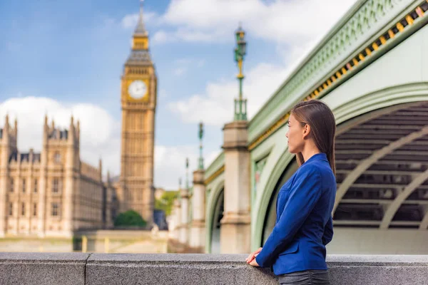 런던의 비즈니스 원이자 도시 생활을 즐기는 젊은 사업가가 영국 의회 빅벤 시계 타워를 보고 있습니다. 유럽의 여름목적지 — 스톡 사진