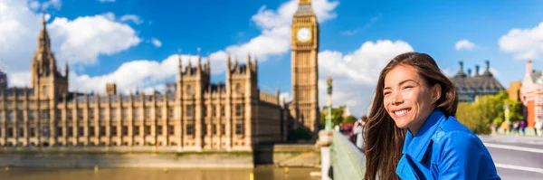 London Big Ben Westminster tourist Asian woman banner. Urban Europe travel destination, Houses of Parliament background, England, Great Britain. Horizontal copy space panoramic crop — Stock Photo, Image
