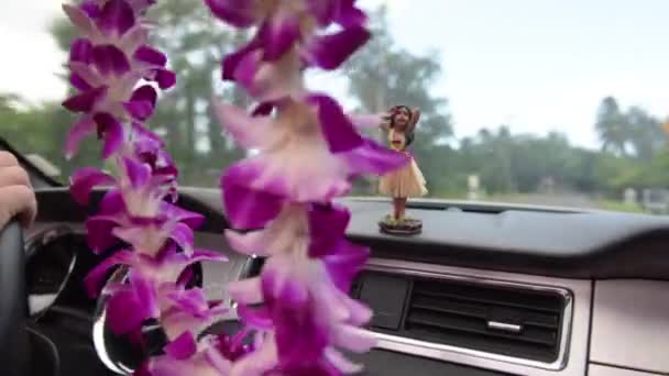 Voiture de voyage Hawaï - Poupée Hula dansant sur le tableau de bord et lei pendant le voyage sur la route à Hawaï — Video