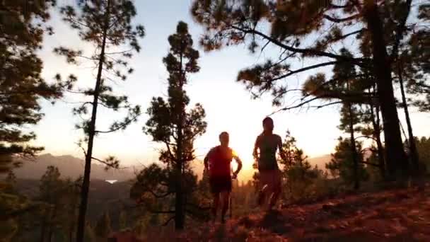 Correr en forma y salud. Corredores en el entrenamiento de carrera durante el entrenamiento de fitness al aire libre en el bosque de montaña al atardecer. Gente trotando juntos viviendo un estilo de vida activo y saludable afuera. Mujer y hombre — Vídeo de stock