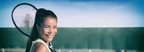 Tennis club happy Asian girl with racket smiling for lesson at indoor hard court panoramic banner. Sports athlete woman header — Stock Photo, Image