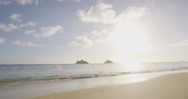 Vacanza di coppia di spiaggia - coppia a tramonto romantico che si tiene per mano correndo giocoso — Video Stock