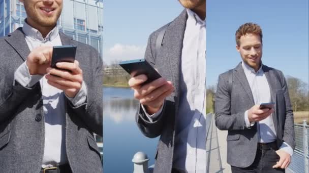 Smartphone - Ung urban professionell affärsman som använder telefon promenader i Park — Stockvideo
