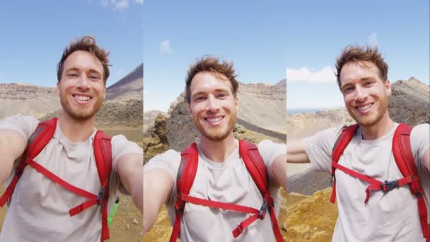 Happy Backpacking Man Taking Selfie Video on Travel - vertical video selfie — Stock Video