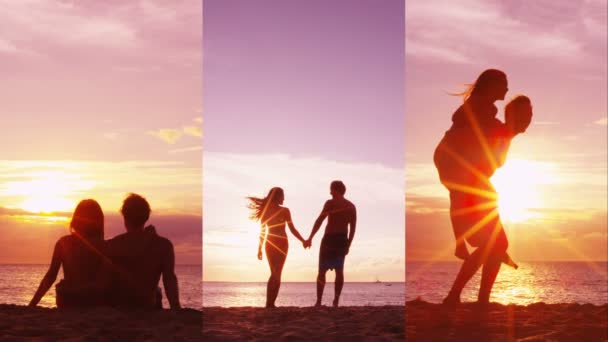 Romantische zonsondergang strand paar hand in hand op het strand lopen plezier hebben op reis — Stockvideo