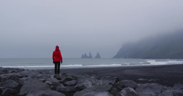 Island turistická žena chůze na černé písečné pláži na Islandu s Reynisdrangar — Stock video